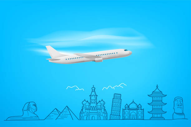 istock Flying airplane with doodling style famous sights. Vacation concept 1306159772