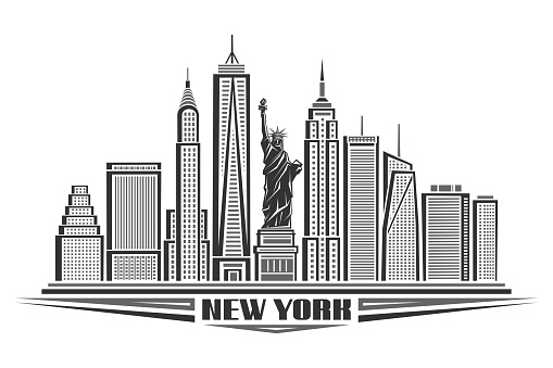 Vector illustration of New York City, black and white poster with symbol of NYC - Statue of Liberty and outline modern city scape, urban contemporary concept with decorative font for words new york.