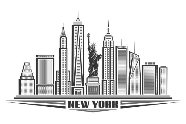 Vector illustration of New York City Vector illustration of New York City, black and white poster with symbol of NYC - Statue of Liberty and outline modern city scape, urban contemporary concept with decorative font for words new york. new york skyline drawing stock illustrations