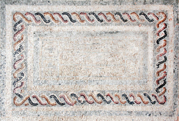Horizontal ancient byzantine natural stone tile mosaics with geometrical frame. Copy space for text. Mock up template