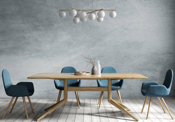 istock Interior design of modern dining room, wooden table and blue chairs 3d rendering 1306164132