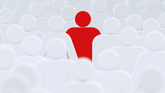 Unique color red human shape among white ones. Leadership, individuality and standing out of crowd concept. 3D illustration