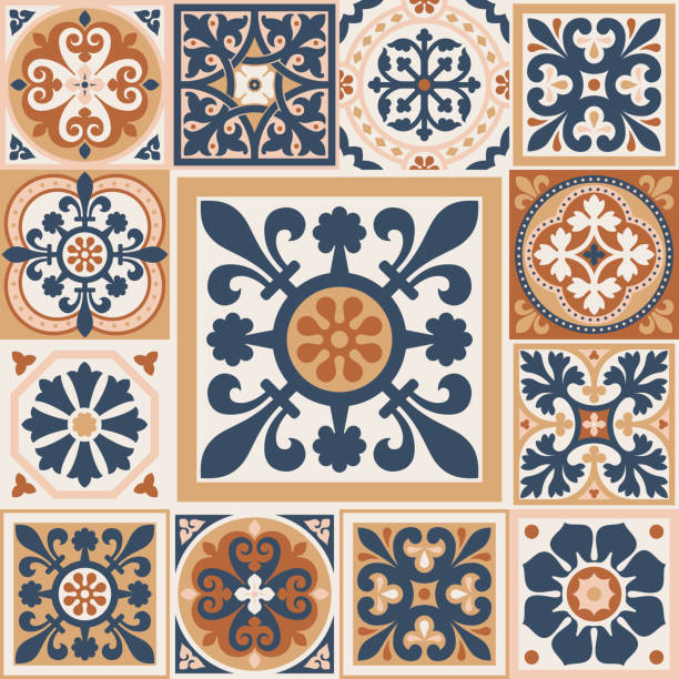 Portuguese floor ceramic tiles azulejo design, mediterranean pattern vector art illustration