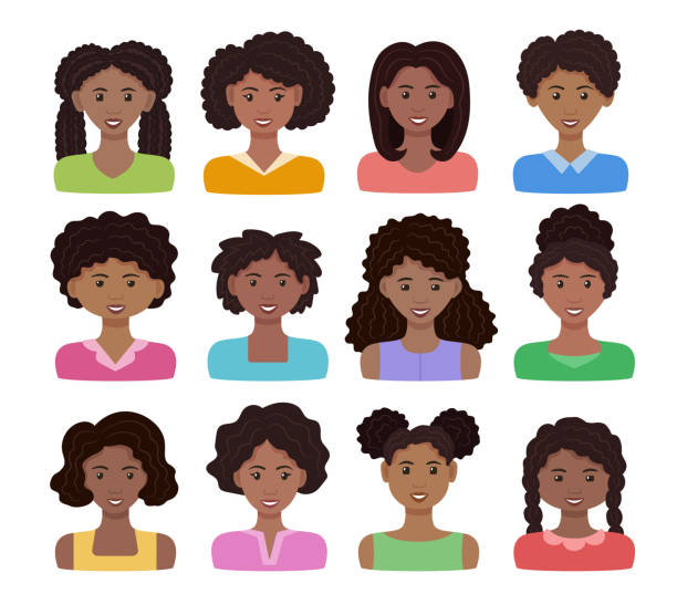 African woman avatar set. Vector illustration. Black happy girls with different hairstyles. Female face cartoon icons. Isolated on white background African woman avatar set. Vector illustration. Black happy girls with different hairstyles. Female cartoon icons. Isolated on white background black woman hair braids stock illustrations
