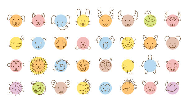 ilustraciones, imágenes clip art, dibujos animados e iconos de stock de cabeza de los animales simplemente círculo forma y conjunto de dibujo de línea - symbol sea animal owl