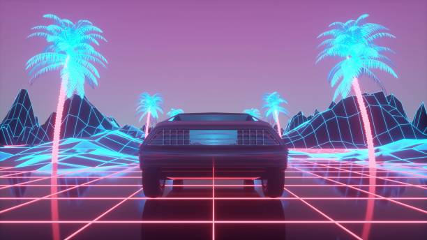 istock Retro-futuristic 80s style sci-Fi car background. 3d illustration 1306169510