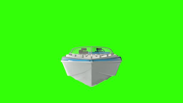 3D motor boat model with two seated on white background.