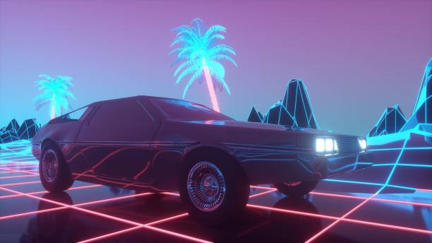 istock Retro-futuristic 80s style sci-Fi car background. 3d illustration 1306169823