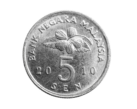 Malaysia five sen coin on a white isolated background