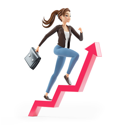 3d cartoon woman with briefcase running on growing arrow, illustration isolated on white background
