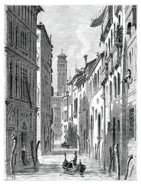 ilustrações de stock, clip art, desenhos animados e ícones de venice italy small canal with boat 1862 - 1862