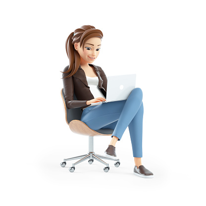 3d cartoon woman sitting in chair with laptop, illustration isolated on white background