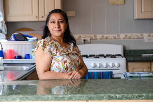 proud hispanic woman posing in her kitchen clean-smiling mom standing in the kitchen-woman in the kitchen not cooking - mexican ethnicity imagens e fotografias de stock