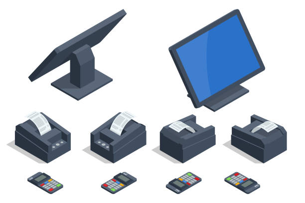 set isometrik peralatan kasir toko. terminal pos tablet modern dengan pemindai kode batang dan pencetak tanda terima. - mesin kasir ilustrasi stok