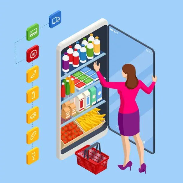 Vector illustration of Isometric Grocery Supermarket, Food and Eats Online Buying and Delivery. E-commerce concept order food online website. Health food delivery online service.