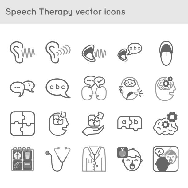 Speech therapy vector icons Rounded flat icons about speech therapy brain eater stock illustrations
