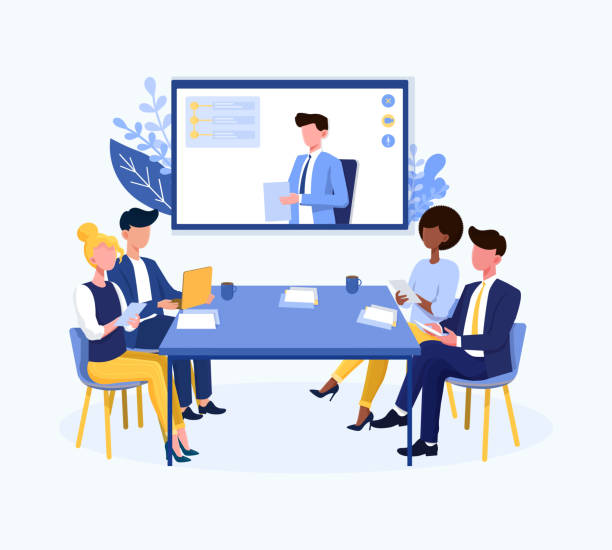 ilustrações de stock, clip art, desenhos animados e ícones de video conference theme - blackboard teamwork team business