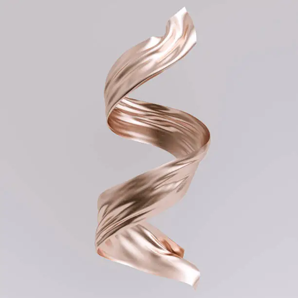 Photo of Gold twisted piece of textile, Curl in spiral flying cloth fabric isolated 3d rendering