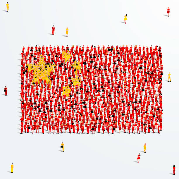 illustrations, cliparts, dessins animés et icônes de drapeau de la chine. un grand groupe de personnes se forment pour créer la forme du drapeau chinois. illustration vectorielle. - asia number of people people in the background chinese culture