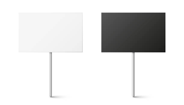 istock Black and white blank boards with place for text, protest sign. Realistic demonstration or advertising banner. Strike action cardboard placard mockup. Vector illustration 1306178117