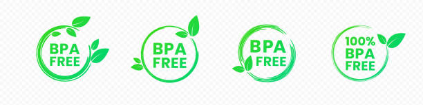 значки bpa free. нет бисфенола а и фталатов круглые этикетки в ярко-зеленом цвете с листьями. векторная иллюстрация нетоксичного пластика. конц - non polluting stock illustrations