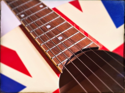 Details of an Acoustic Guitar with a Union Jack Design