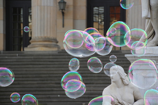 April 12, 2014, Berlin: Close-up of flying soap bubbles