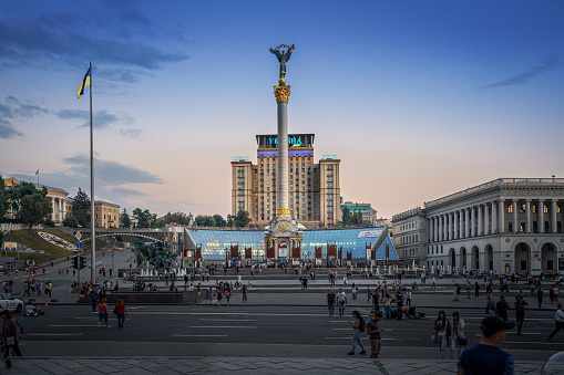 Kiev, Ukraine - August 11, 2019: Independence Square and Independence Monument Column at Sunset - Kiev, Ukraine