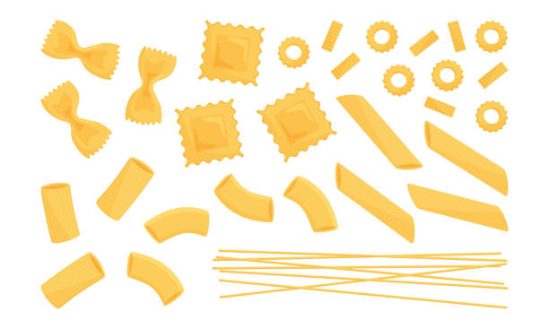 Italian pasta vector set. Wheat different types raw food. Macaroni, spaghetti, noodle, farfalle, penne, ravioli Italian pasta vector set. Wheat different types raw food. Macaroni, spaghetti, noodle, farfalle, penne, ravioli. Tasty illustration noodles stock illustrations