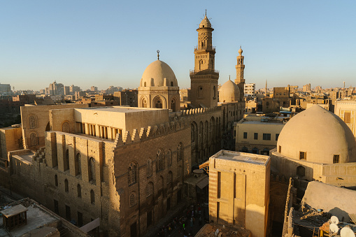 Main view to an Ancient Egyptian Medinet Habu, Mortuary Temple of Ramesses III, near the Luxor, Egypt