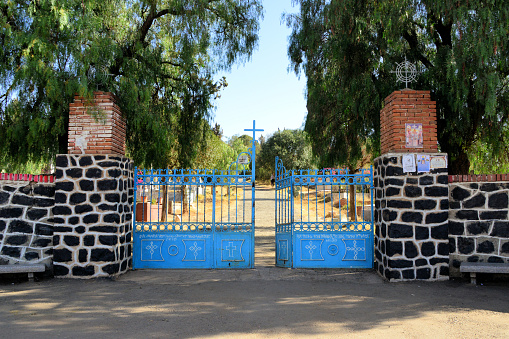 Asmara, Eritrea: Enda Mariam Coptic cemetery, Eritrean Orthodox Tewahedo Church - main gate and road to the hill top - Medeber - Arbate Asmara~.