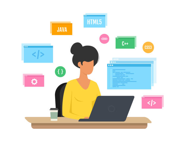 노트북에서 일하는 프로그래머 소녀. 프로그래밍 및 엔지니어링 개념. - 코드 일러스트 stock illustrations