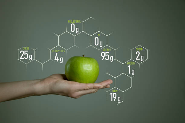 istock Woman`s hand holding green apple, nutrition facts on grey background. 1306192126