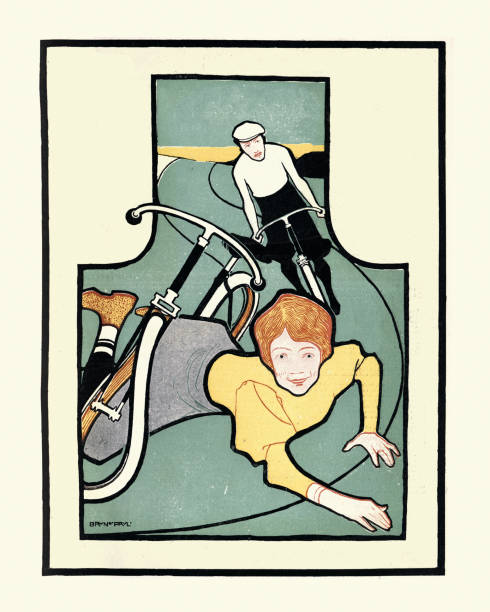illustrazioni stock, clip art, cartoni animati e icone di tendenza di ciclismo uomo e donna, caduta dalla bicicletta, xix secolo, jugendstil, art nouveau - cyclist cycling road women