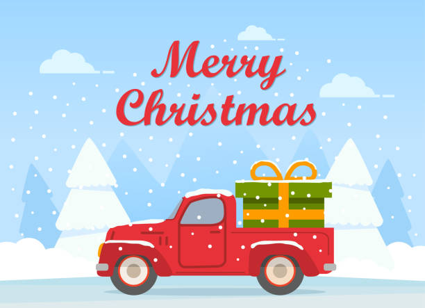 ilustrações de stock, clip art, desenhos animados e ícones de retro pickup red truck with green gift box.happy new year postcard.winter landscape with snowy fir trees. - new years eve christmas paper christmas fir tree