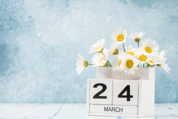istock White cube calendar for march decorated with daisy flowers over blue with copy space 1306193697