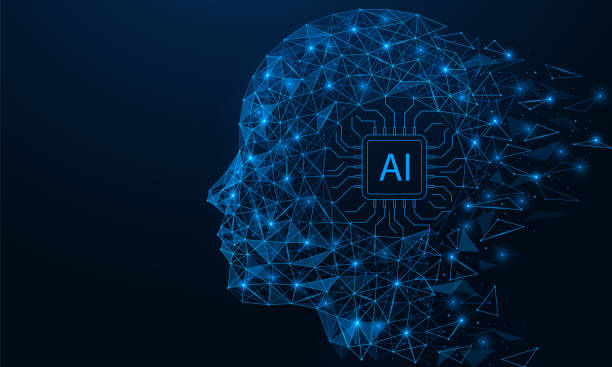 sztuczna inteligencja. mikrochip w głowie cyborga. - artificial intelligence stock illustrations