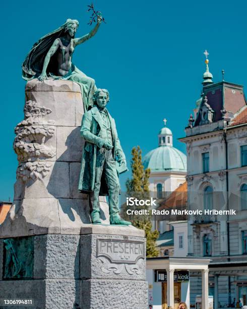 Preseren Statue With Ljubljana Cathedral In The Background Central Slovenia Region Stock Photo - Download Image Now