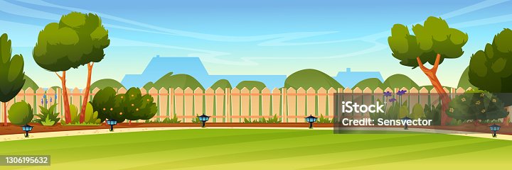 istock Garden backyard with wooden fence hedge, green trees and bushes, grass and flowers, park plants, house on background. Vector spring or summer outside landscape. Farm natural view, eco agriculture 1306195632