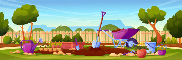 Backyard garden with cultivated soil, shovel and pitchfork, watering can and wheelbarrow, fence and country house on background. Vector gardening equipment, lawn with growing plants, potted flowers Backyard garden with cultivated soil, shovel and pitchfork, watering can and wheelbarrow, fence and country house on background. Vector gardening equipment, lawn with growing plants, potted flowers backyard background stock illustrations