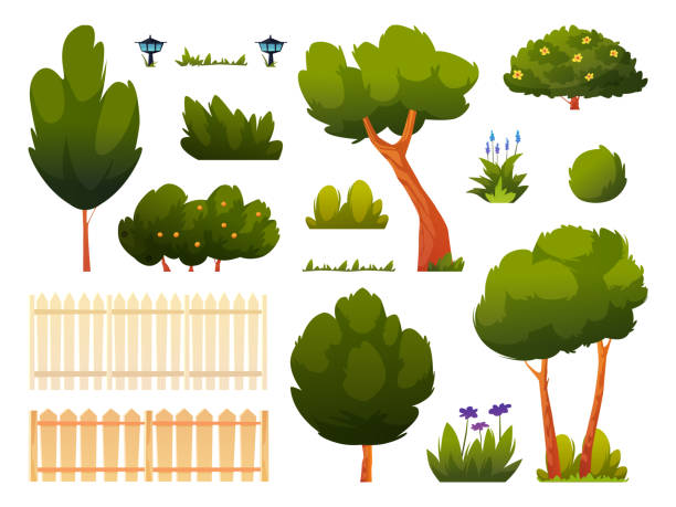 ilustrações de stock, clip art, desenhos animados e ícones de set of green trees, bushes, grass and flowers, fence or hedge isolated backyard or park set of cartoon elements. vector spring or summer outside objects, forest or garden plants, gardening icons - garden fence