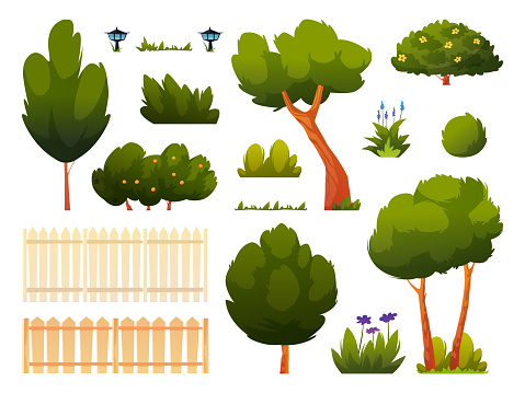 Set of green trees, bushes, grass and flowers, fence or hedge isolated backyard or park set of cartoon elements. Vector spring or summer outside objects, forest or garden plants, gardening icons