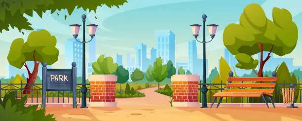 Vector illustration of Entrance to city park, green trees and street lamps, skyscrapers on background. Vector urban garden with flower beds, wooden benches seat, summer or spring scenery. Hedge of bricks, seats, blue sky