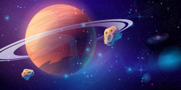 weltraumgalaxie hintergrund mit saturnplanet und asteroiden, cartoon-universum textur. vektorsternen futuristische oberfläche mit lila nebel, kosmos staublandschaft. tiefvioletter himmel mit sternen und planeten - saturn planet stock-grafiken, -clipart, -cartoons und -symbole