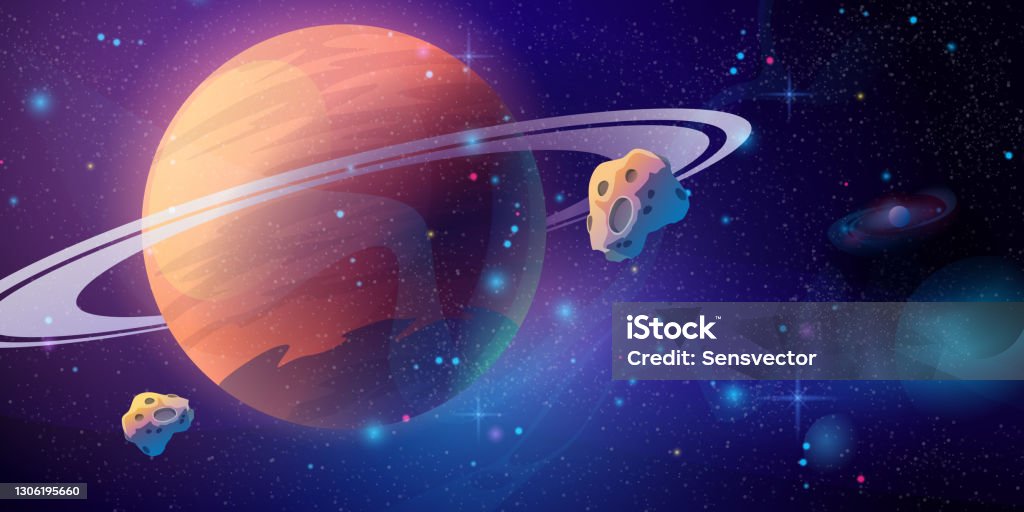 Space Galaxy Background With Saturn Planet And Asteroids Cartoon Universe  Texture Vector Starry Futuristic Surface With Purple Nebula Cosmos Dust  Scenery Deep Purple Sky With Stars And Planets Stock Illustration - Download