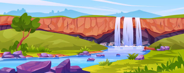 ilustrações de stock, clip art, desenhos animados e ícones de waterfall landscape, rocky fountain scene with trees, river with stones, tropical or jungle scenery. vector nature fluid splashes and drops, falling water in mountain fall, aqua cascade, green grass - waterfall cartoon tropical rainforest vector