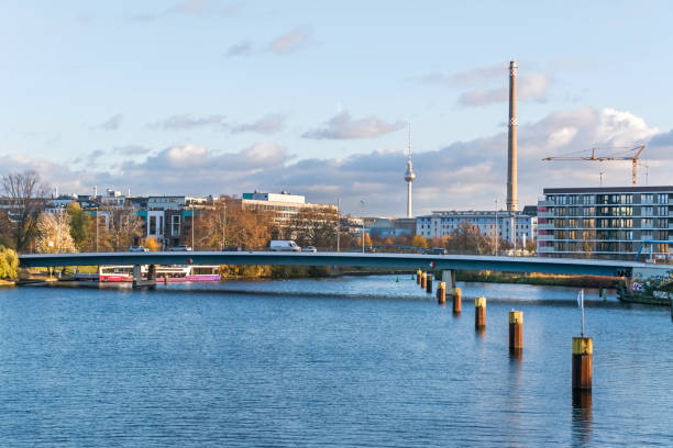 Nordhafen with the Nordhafen road bridge and television tower in Berlin, Germany Berlin, Germany - November 23, 2020: Nordhafen, a former inland port on the Berlin-Spandau shipping canal, with the Nordhafen road bridge and television tower moabit stock pictures, royalty-free photos & images