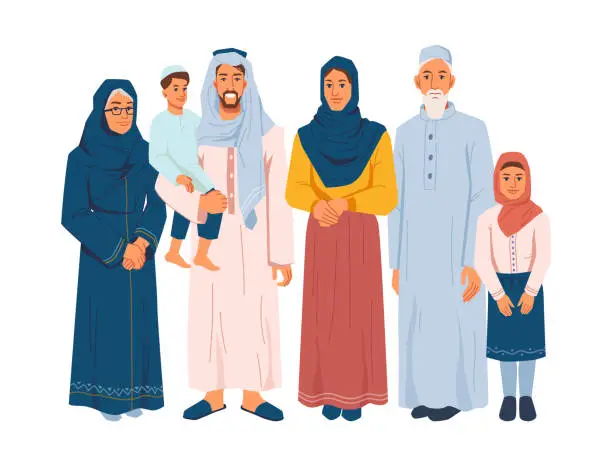 Vector illustration of Muslim family, several generations isolated arabian people in national cloth. Vector parents and grandparents, children daughter and son. Bearded man and woman in hijab, ramadan kareem celebration