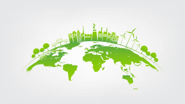 концепция экологии с зеленым городом на земле, мировая окружающая среда и концепция устойчивого развития, векторная иллюстрация - sustainability stock illustrations