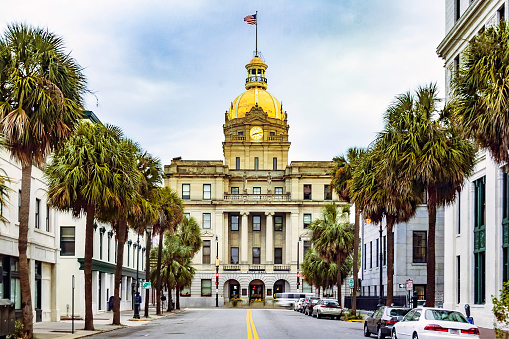 The c. 1905 Savannah City Hall is famous for its gilded dome and its Renaissance Revival architectural style and is on the National Register of Historic Places